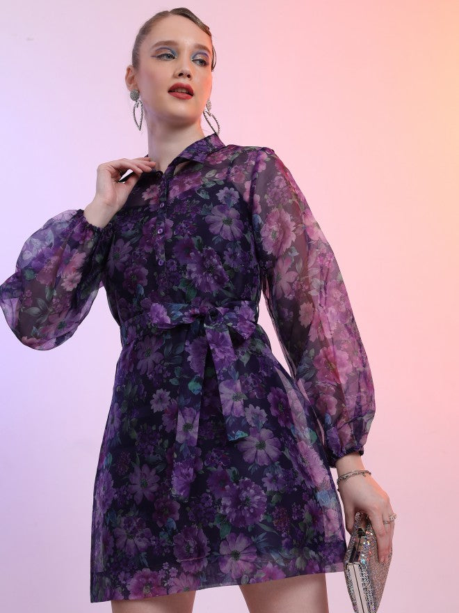 Tokyo Talkies Women Purple Printed Shirt Dress - Purple - Image 1