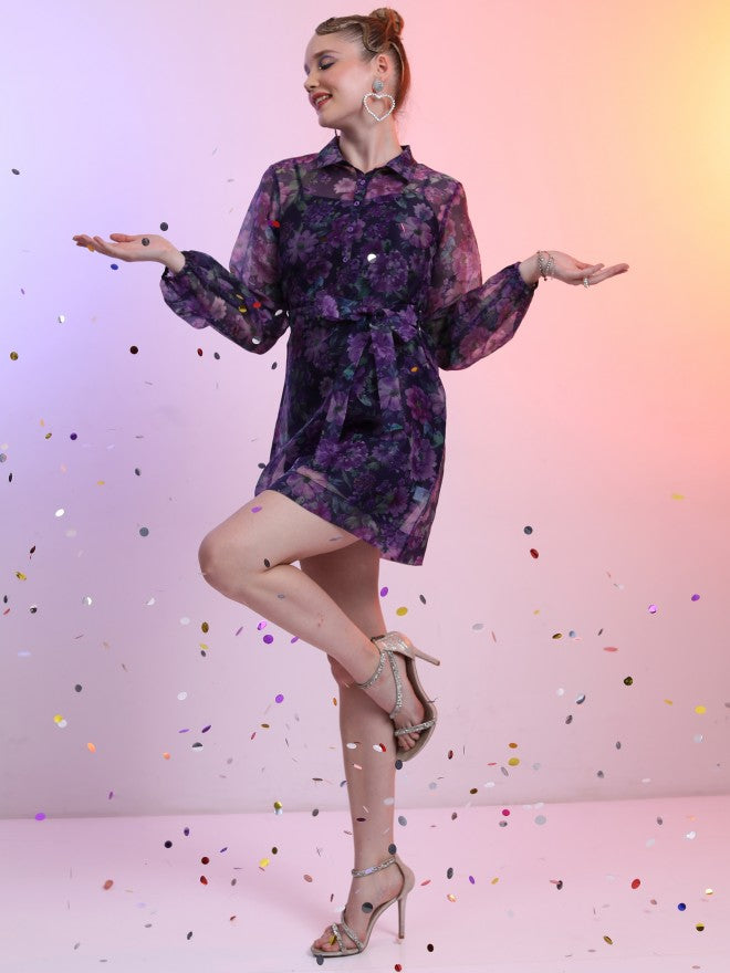 Tokyo Talkies Women Purple Printed Shirt Dress - Purple - Image 2