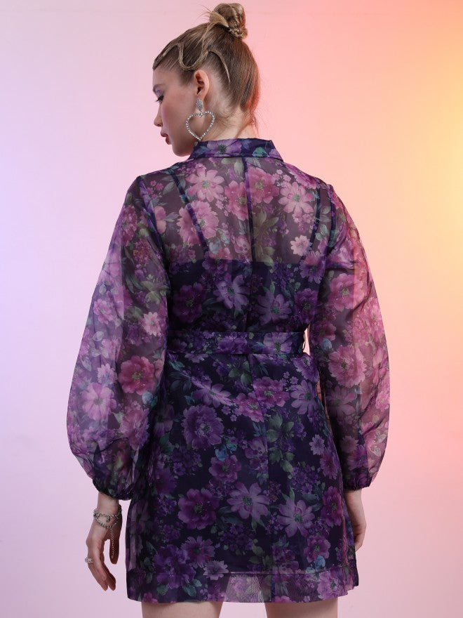 Tokyo Talkies Women Purple Printed Shirt Dress - Purple - Image 3