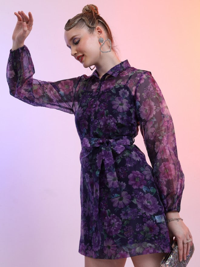 Tokyo Talkies Women Purple Printed Shirt Dress - Purple - Image 4