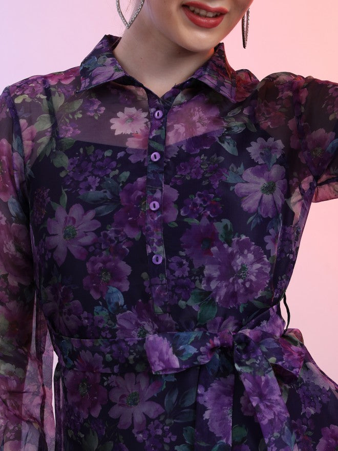 Tokyo Talkies Women Purple Printed Shirt Dress - Purple - Image 5