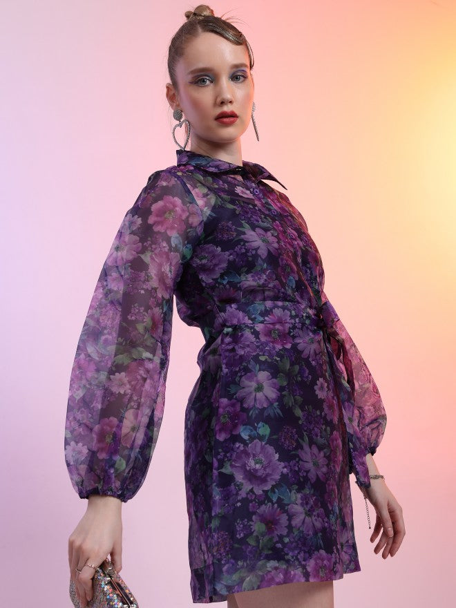 Tokyo Talkies Women Purple Printed Shirt Dress - Purple - Image 6