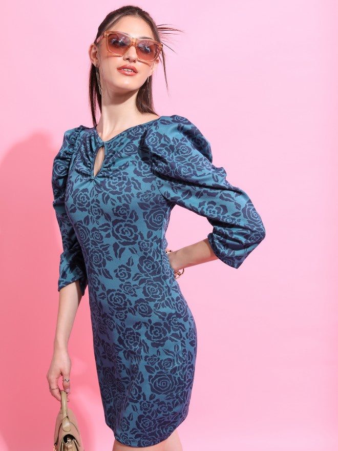 Tokyo Talkies Women Teal Self Design Bodycon Dress - Teal - Image 1