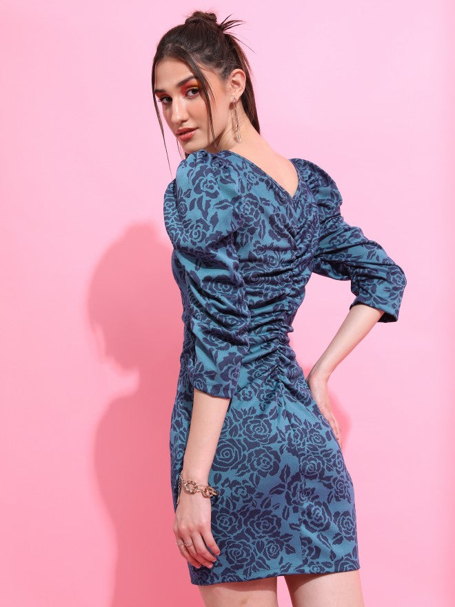 Tokyo Talkies Women Teal Self Design Bodycon Dress - Teal - Image 3