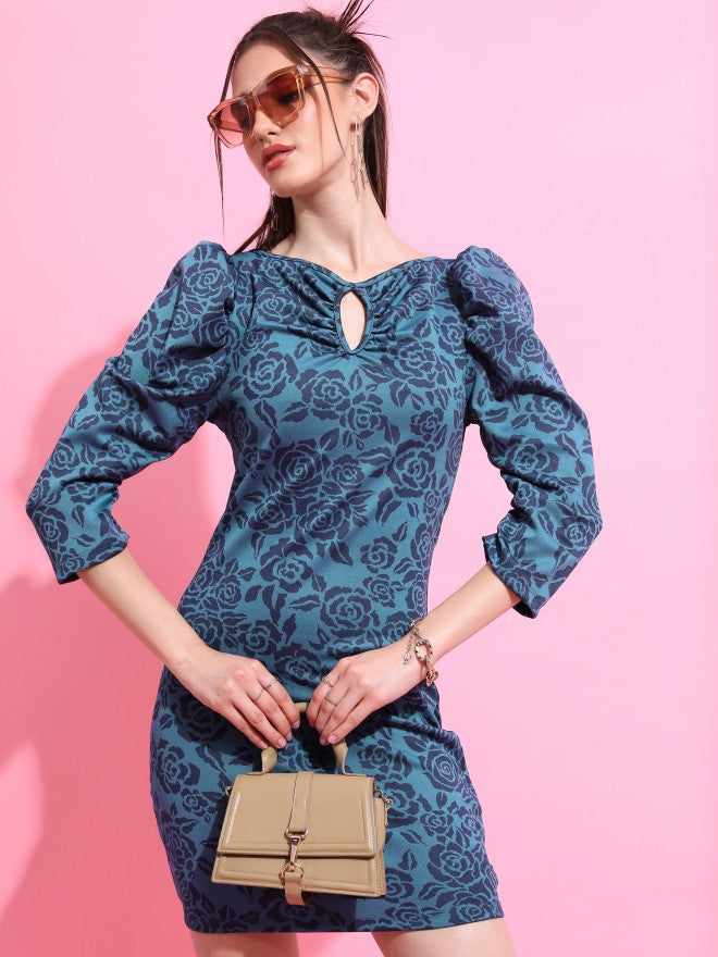 Tokyo Talkies Women Teal Self Design Bodycon Dress - Teal - Image 4