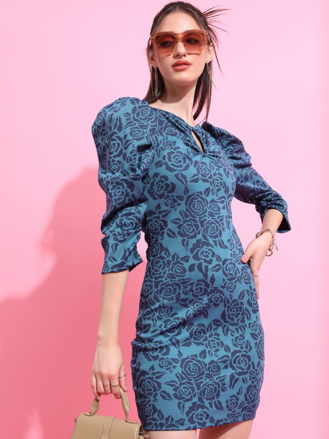 Tokyo Talkies Women Teal Self Design Bodycon Dress - Teal - Image 6