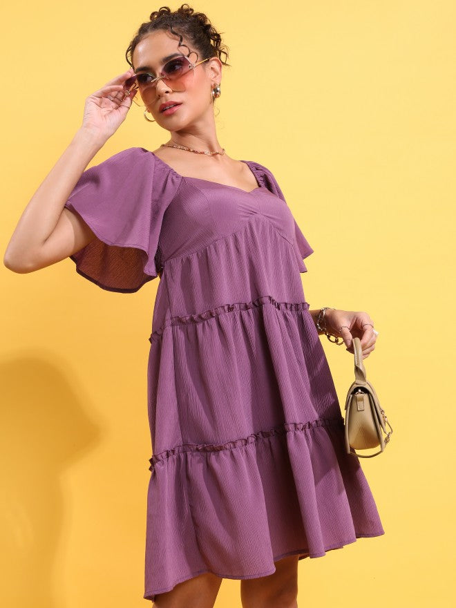 Tokyo Talkies Women Purple Solid Fit And Flare Dress - Purple - Image 1