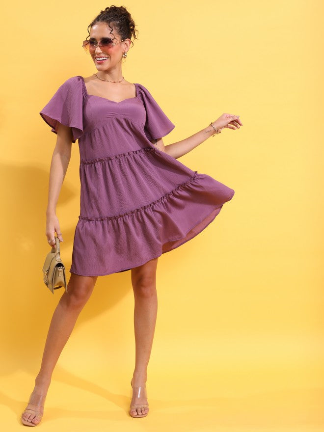 Tokyo Talkies Women Purple Solid Fit And Flare Dress - Purple - Image 2