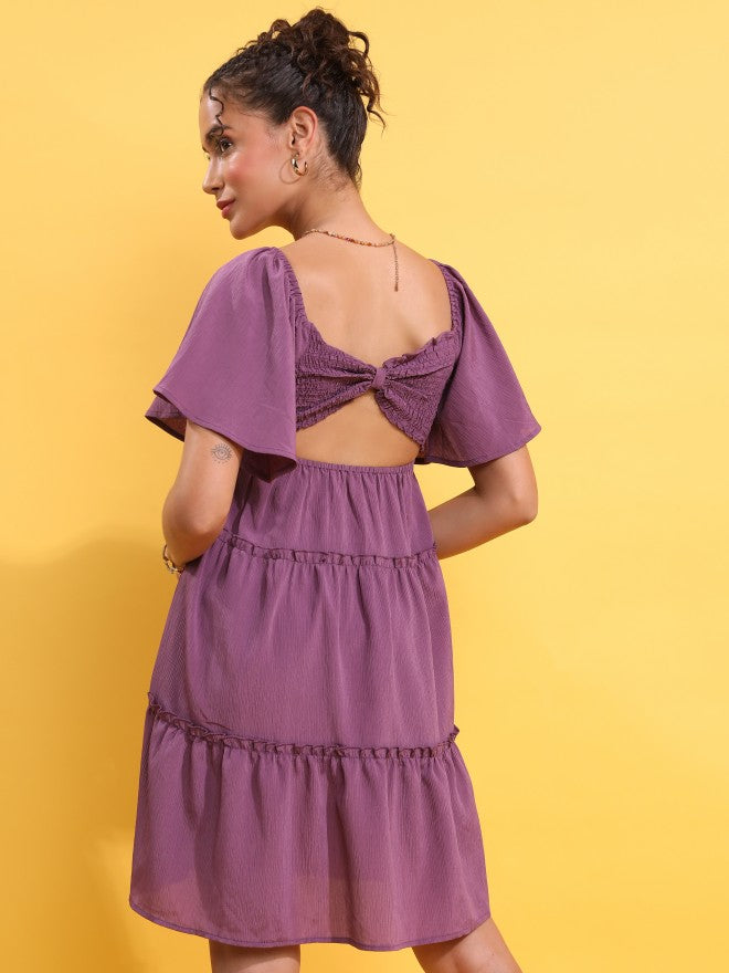 Tokyo Talkies Women Purple Solid Fit And Flare Dress - Purple - Image 3