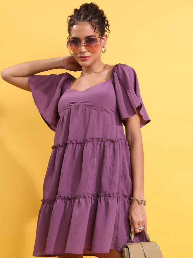 Tokyo Talkies Women Purple Solid Fit And Flare Dress - Purple - Image 4