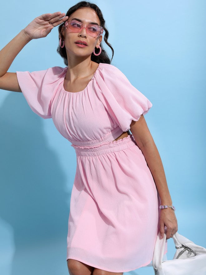 Tokyo Talkies Women Pink Solid Fit & Flare Dress - Pink - Image 1