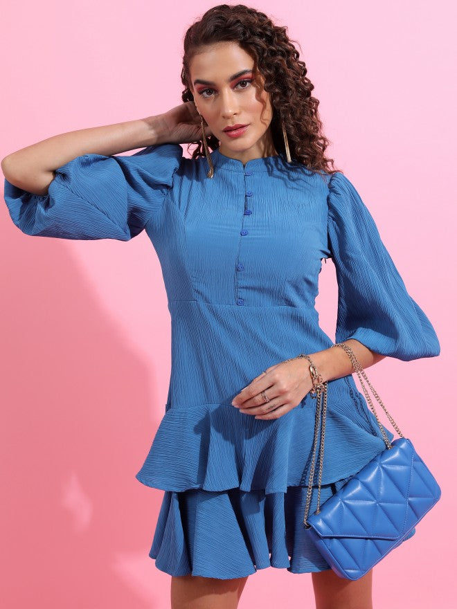 Tokyo Talkies Women Blue Solid Fit And Flare Dress - Blue - Image 1