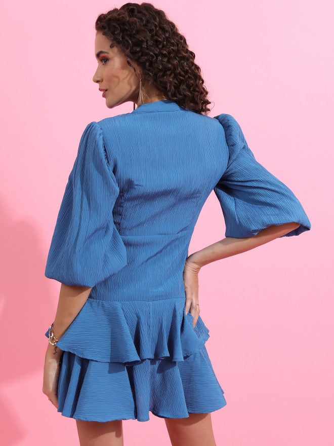 Tokyo Talkies Women Blue Solid Fit And Flare Dress - Blue - Image 3