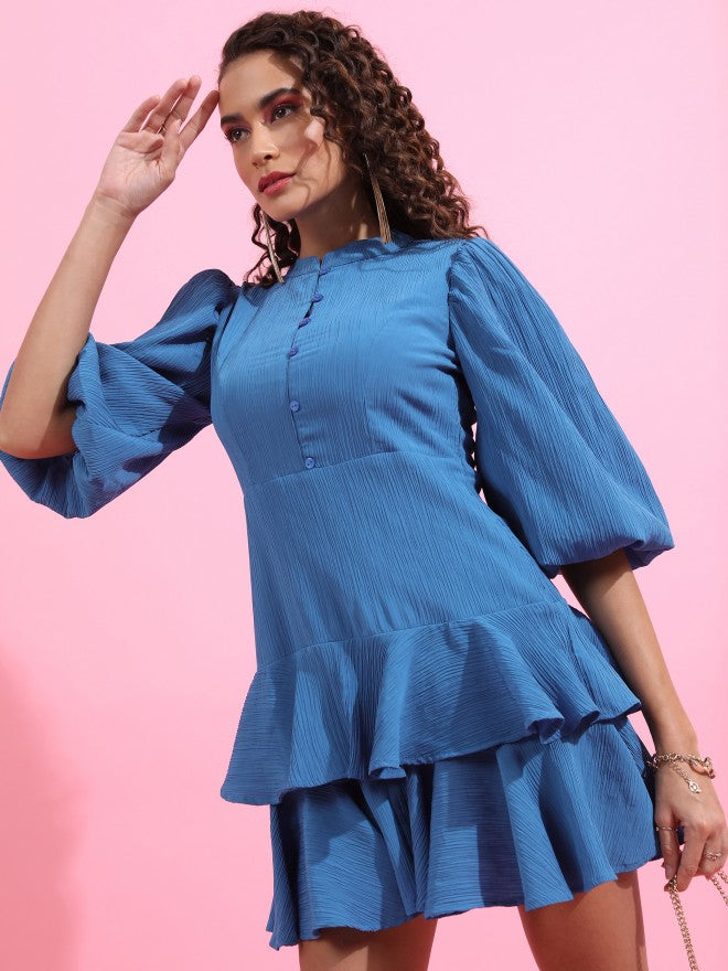 Tokyo Talkies Women Blue Solid Fit And Flare Dress - Blue - Image 4
