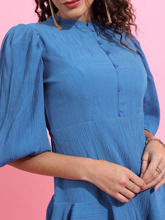 Tokyo Talkies Women Blue Solid Fit And Flare Dress - Blue - Image 5