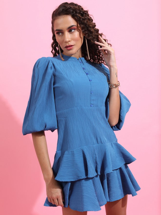 Tokyo Talkies Women Blue Solid Fit And Flare Dress - Blue - Image 6