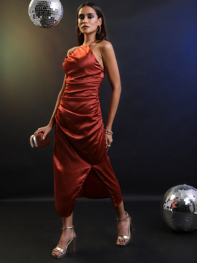 Tokyo Talkies Women Rust Solid Fit And Flare Dress - Rust - Image 1