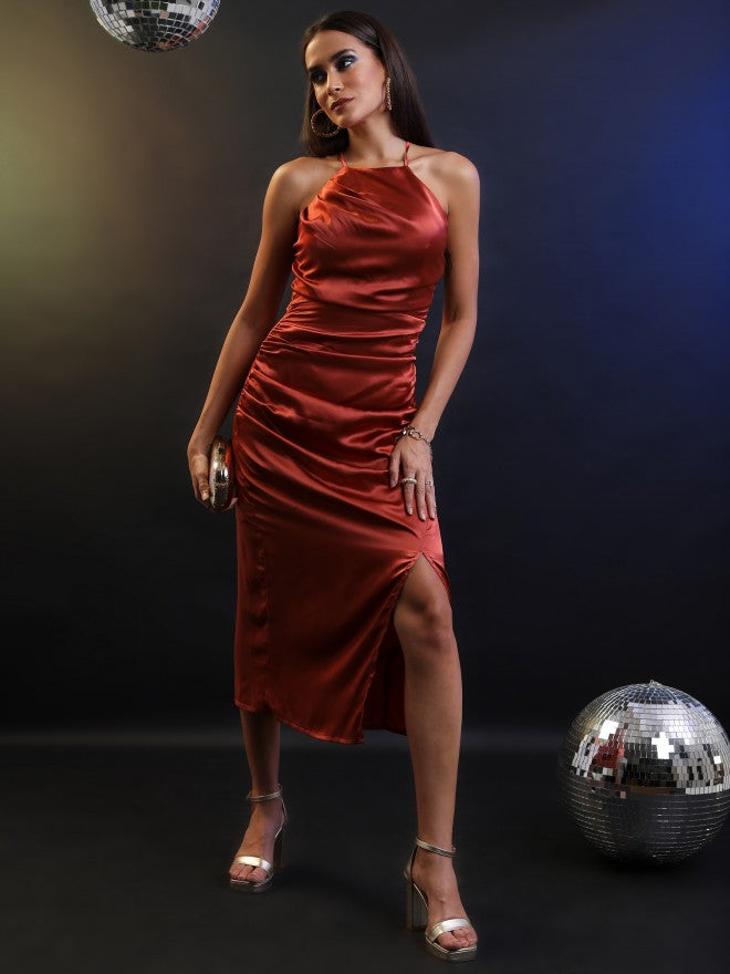 Tokyo Talkies Women Rust Solid Fit And Flare Dress - Rust - Image 4