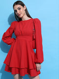 Tokyo Talkies Women Red Self Design Fit And Flare Dress - Red - Image 1