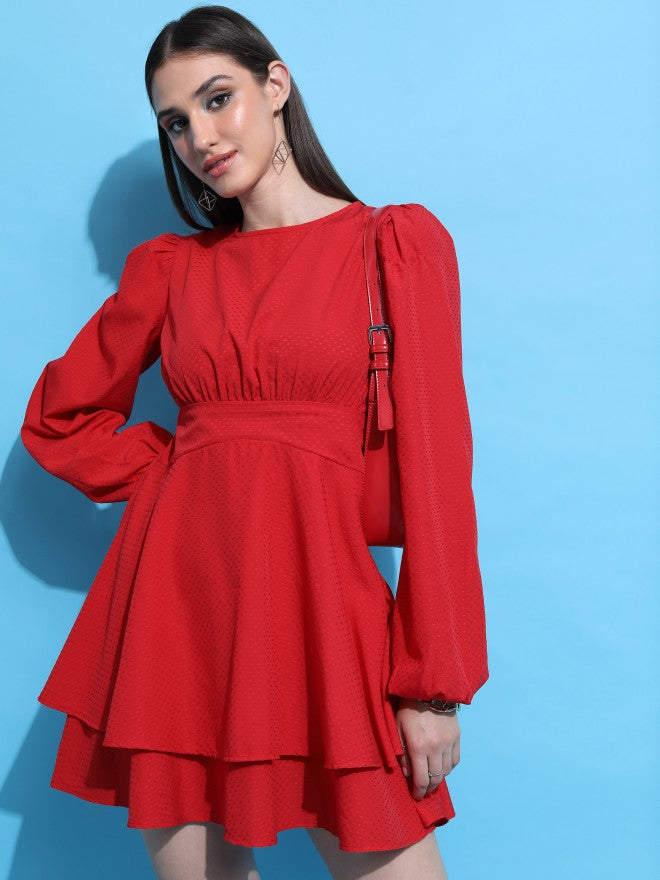 Tokyo Talkies Women Red Self Design Fit And Flare Dress - Red - Image 1