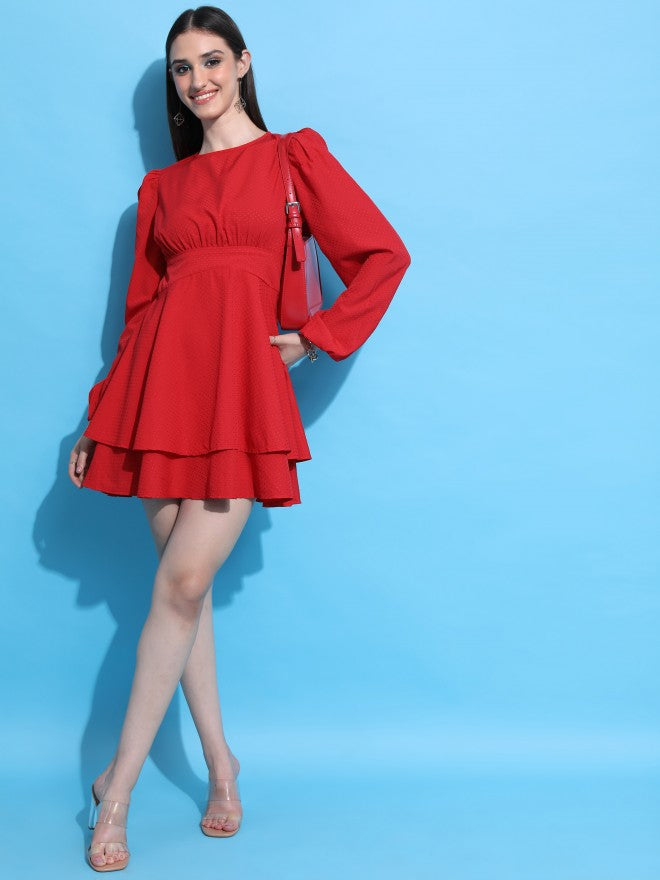 Tokyo Talkies Women Red Self Design Fit And Flare Dress - Red - Image 2
