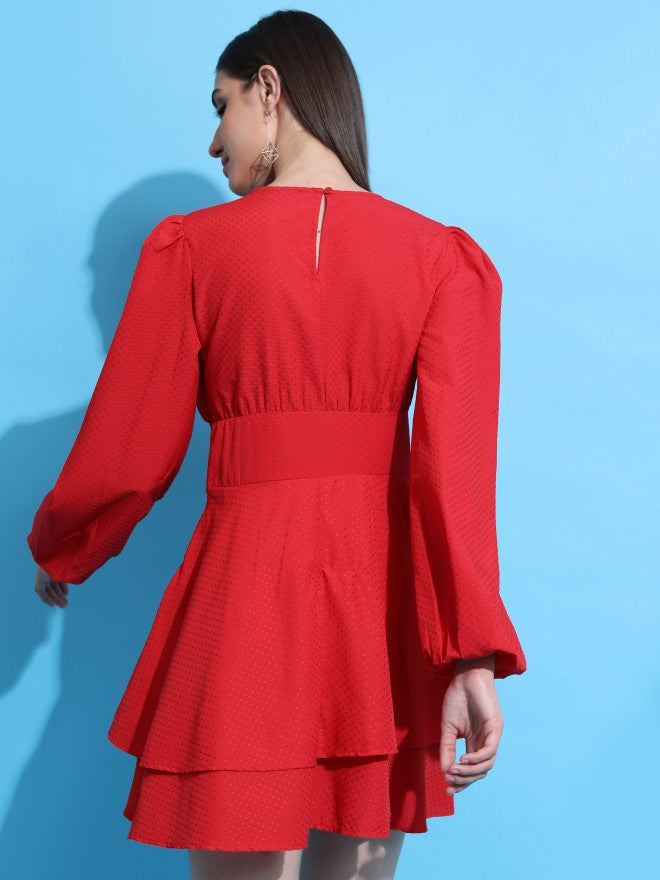Tokyo Talkies Women Red Self Design Fit And Flare Dress - Red - Image 3