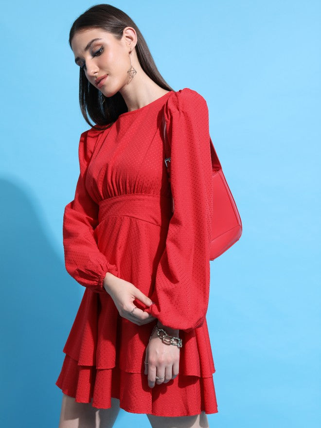 Tokyo Talkies Women Red Self Design Fit And Flare Dress - Red - Image 4