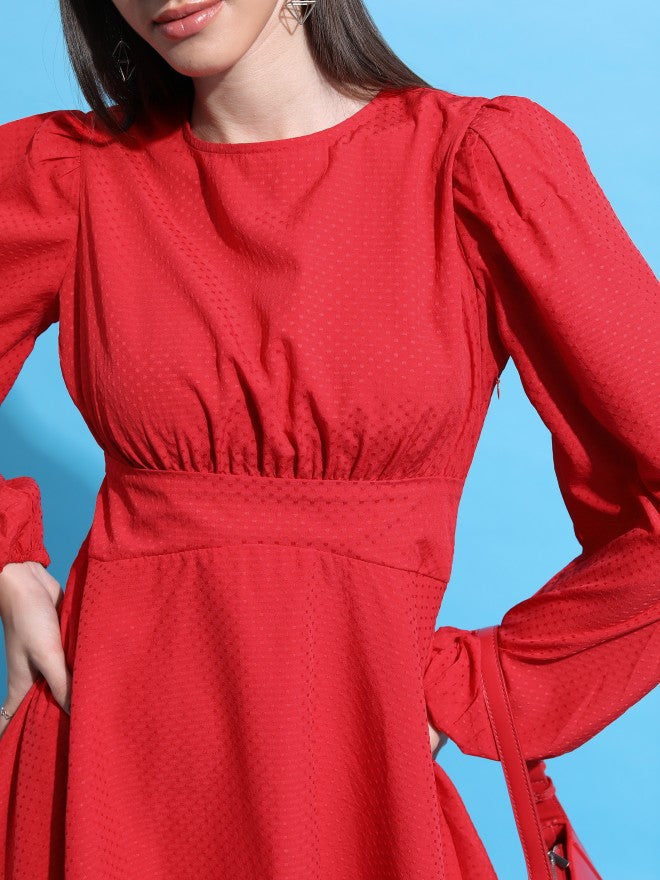 Tokyo Talkies Women Red Self Design Fit And Flare Dress - Red - Image 5