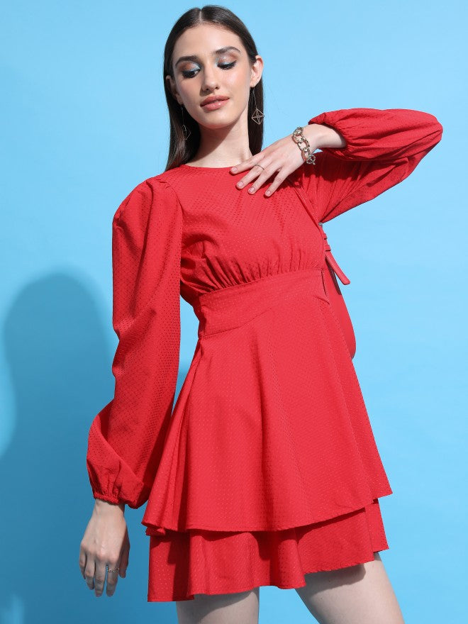Tokyo Talkies Women Red Self Design Fit And Flare Dress - Red - Image 6