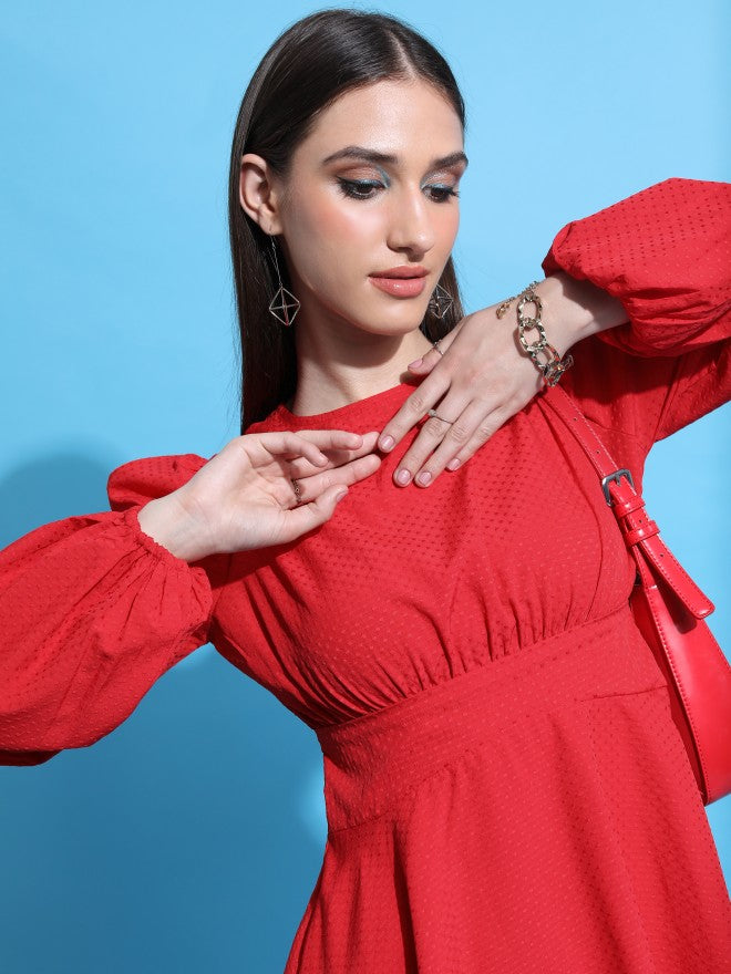 Tokyo Talkies Women Red Self Design Fit And Flare Dress - Red - Image 7