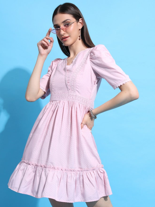 Tokyo Talkies Women Pink Self Design A-Line Dress - Pink - Image 4