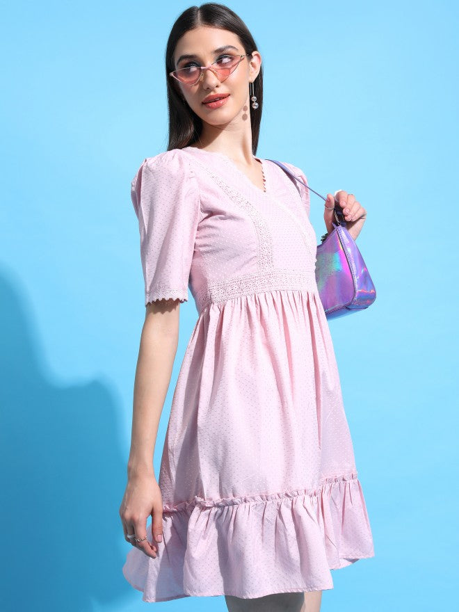 Tokyo Talkies Women Pink Self Design A-Line Dress - Pink - Image 6