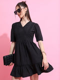 Tokyo Talkies Women Black Self Design A-Line Dress - Black - Image 1