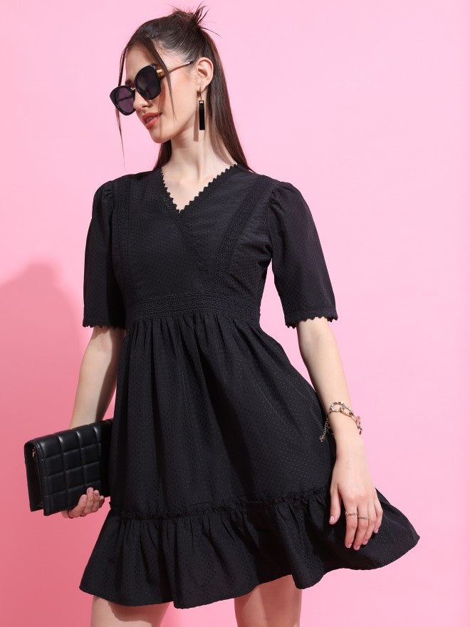 Tokyo Talkies Women Black Self Design A-Line Dress - Black - Image 1