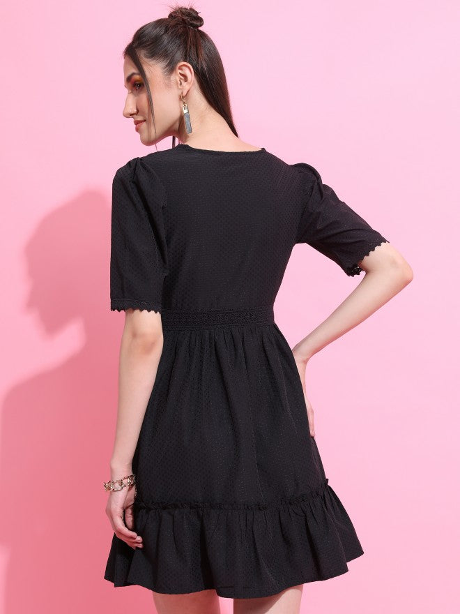 Tokyo Talkies Women Black Self Design A-Line Dress - Black - Image 3
