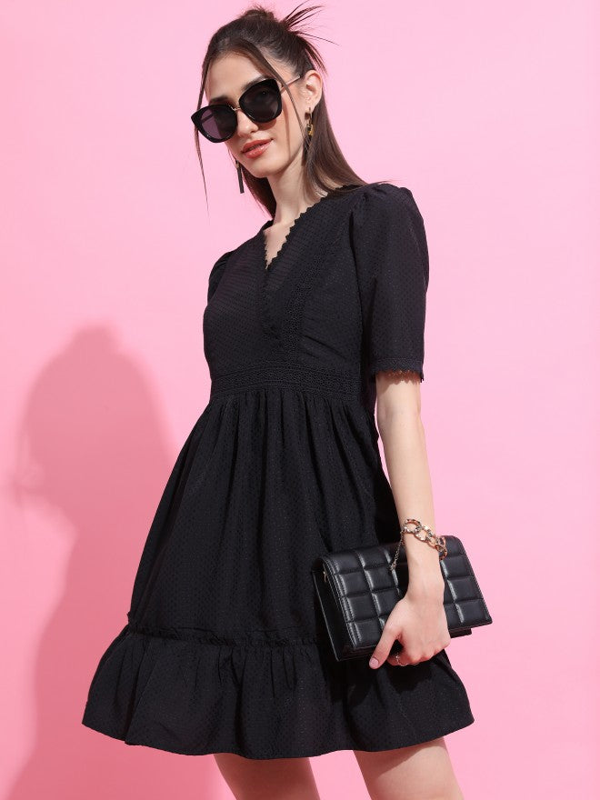 Tokyo Talkies Women Black Self Design A-Line Dress - Black - Image 4