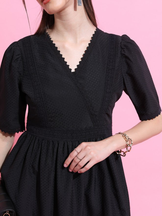 Tokyo Talkies Women Black Self Design A-Line Dress - Black - Image 5