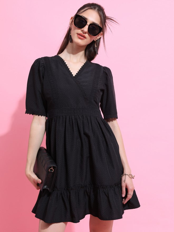 Tokyo Talkies Women Black Self Design A-Line Dress - Black - Image 6