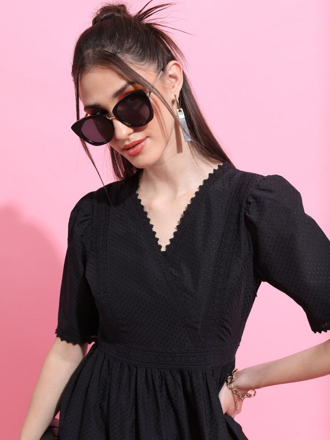 Tokyo Talkies Women Black Self Design A-Line Dress - Black - Image 7