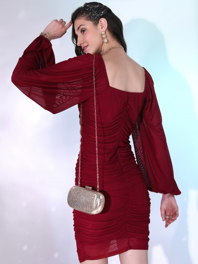 Tokyo Talkies Women Maroon Solid Bodycon Dress - Maroon - Image 3