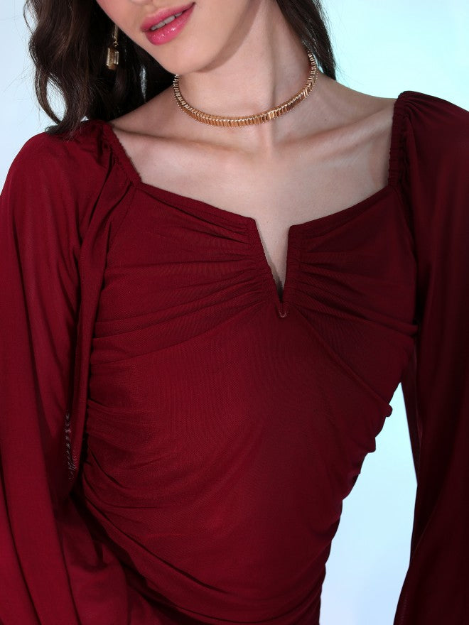 Tokyo Talkies Women Maroon Solid Bodycon Dress - Maroon - Image 5