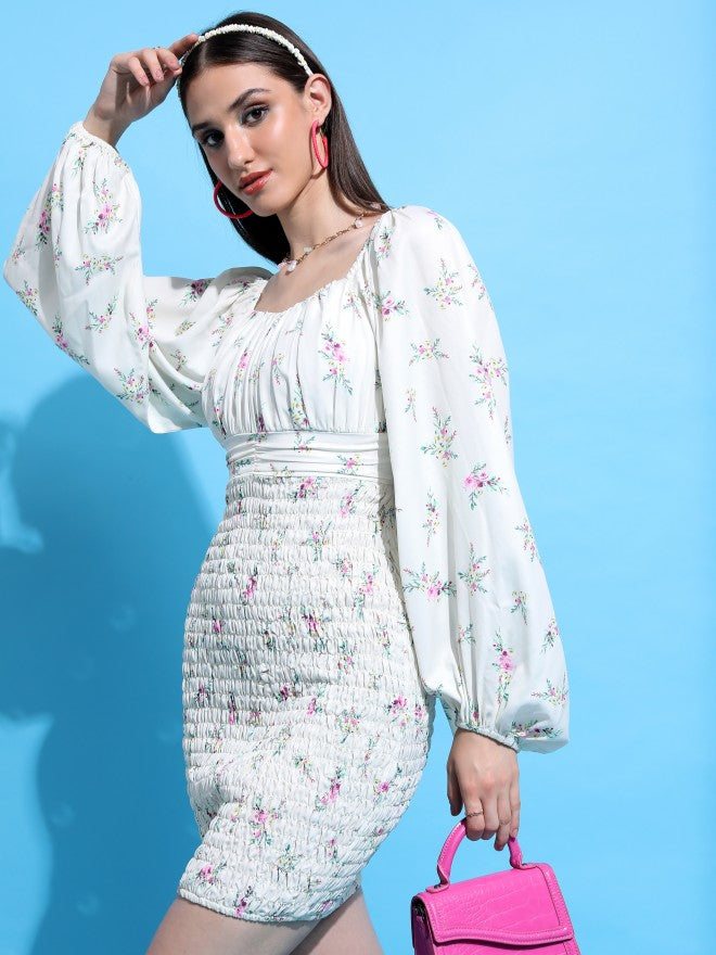 Tokyo Talkies Women Off White Printed Bodycon Dress - Off White - Image 1