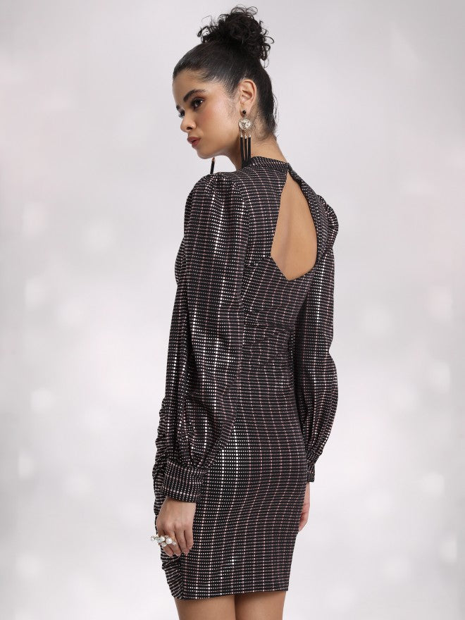 Tokyo Talkies Women Black/Gold Self Design Bodycon Dress - Black - Image 3