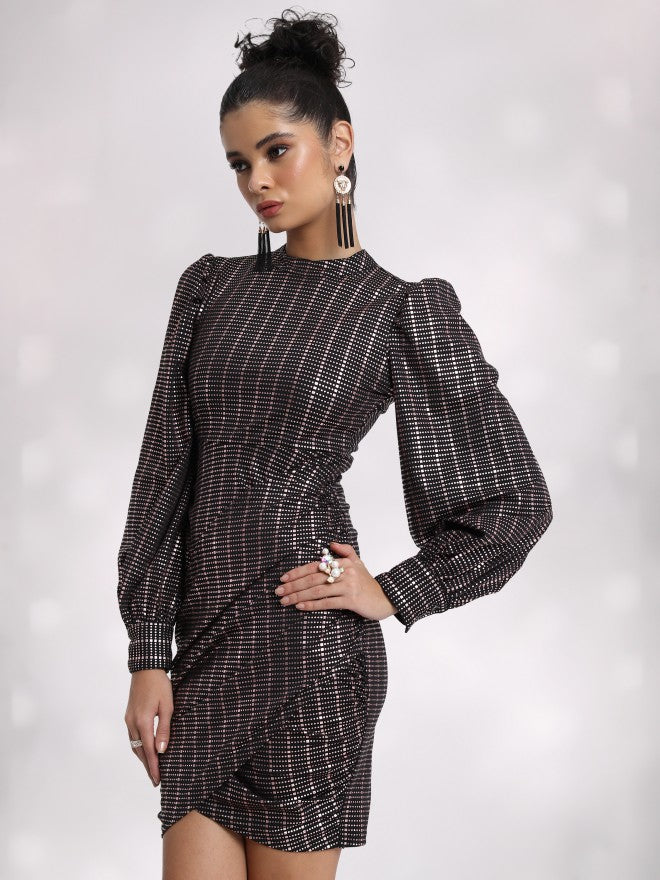 Tokyo Talkies Women Black/Gold Self Design Bodycon Dress - Black - Image 4