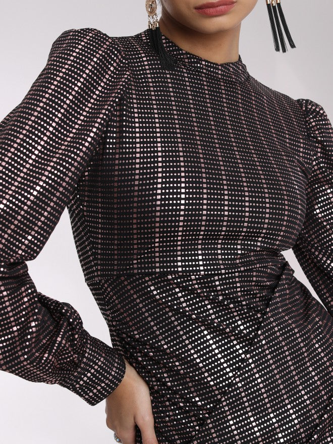 Tokyo Talkies Women Black/Gold Self Design Bodycon Dress - Black - Image 5