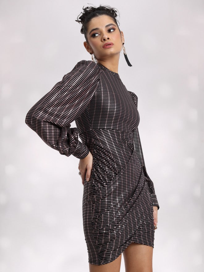 Tokyo Talkies Women Black/Gold Self Design Bodycon Dress - Black - Image 6