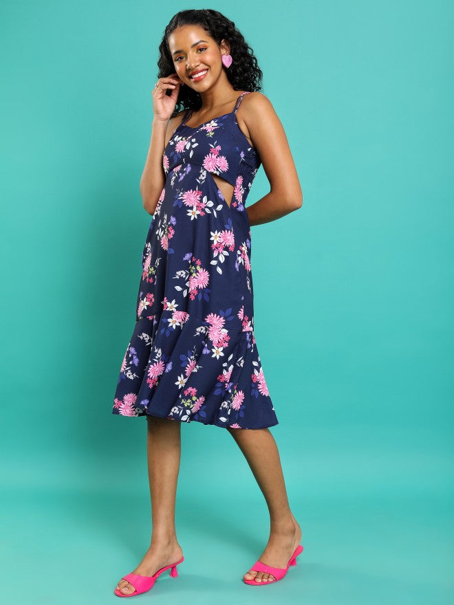 Tokyo Talkies Women Blue Printed Drop-Waist Dress - Blue - Image 4