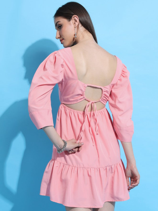 Tokyo Talkies Women Pink Solid Fit & Flare Dress - Pink - Image 3