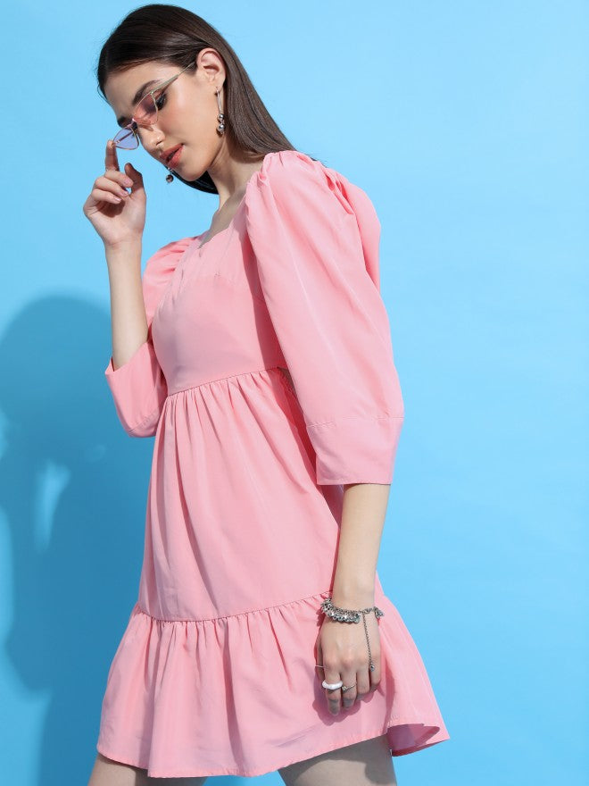 Tokyo Talkies Women Pink Solid Fit & Flare Dress - Pink - Image 4