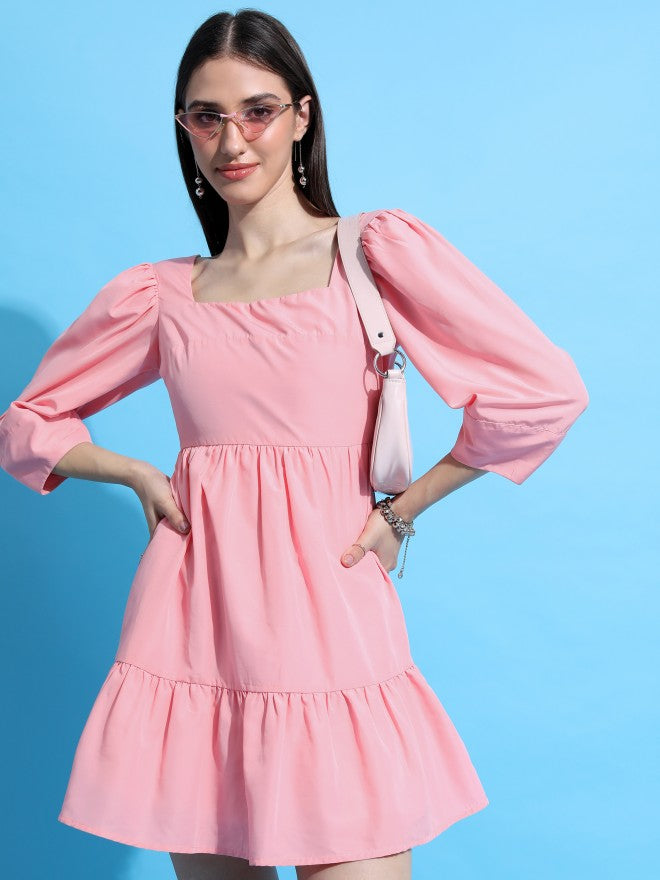 Tokyo Talkies Women Pink Solid Fit & Flare Dress - Pink - Image 6
